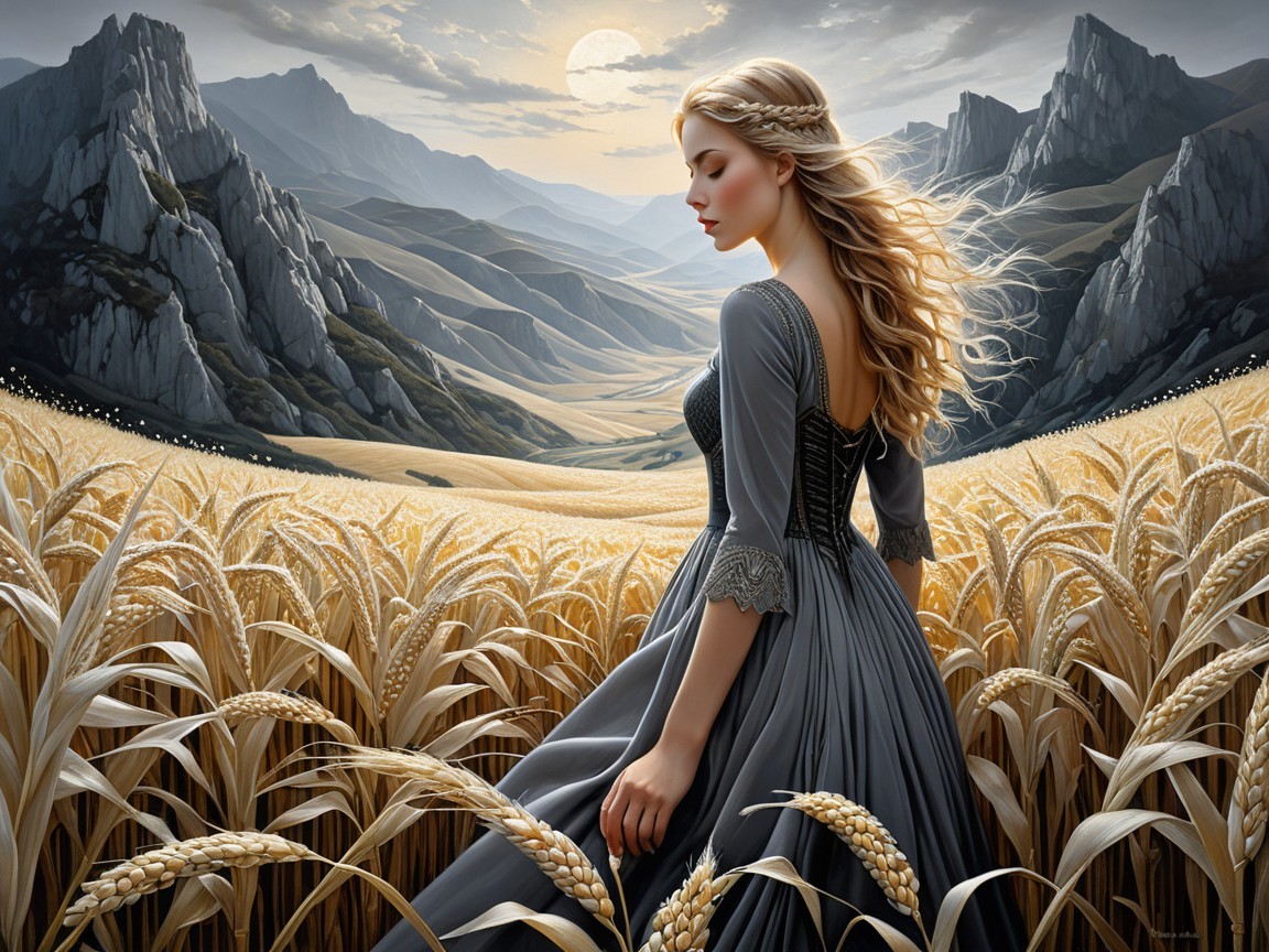 Woman in Gray Dress in Golden Wheat Field at Sunset