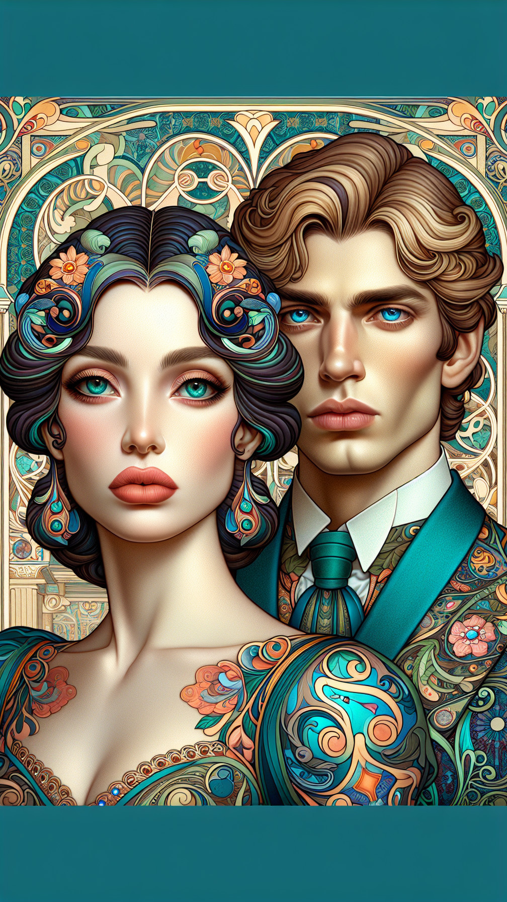 Portrait of a couple in vibrant, detailed garments
