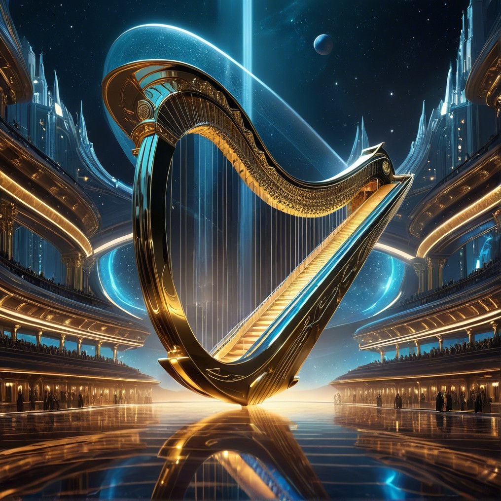 Golden harp in a futuristic celestial setting