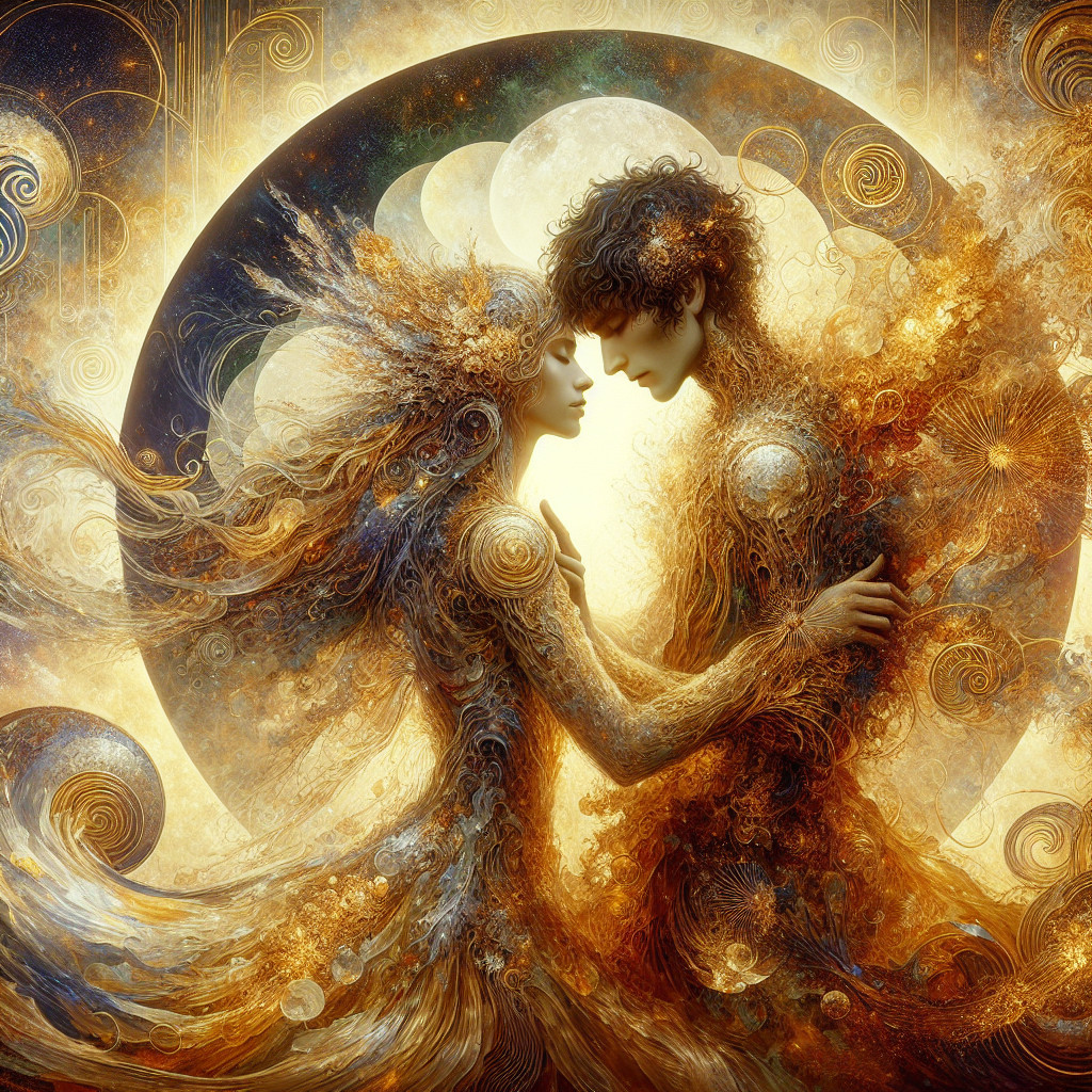 Ethereal Embrace with Celestial Backdrop and Patterns