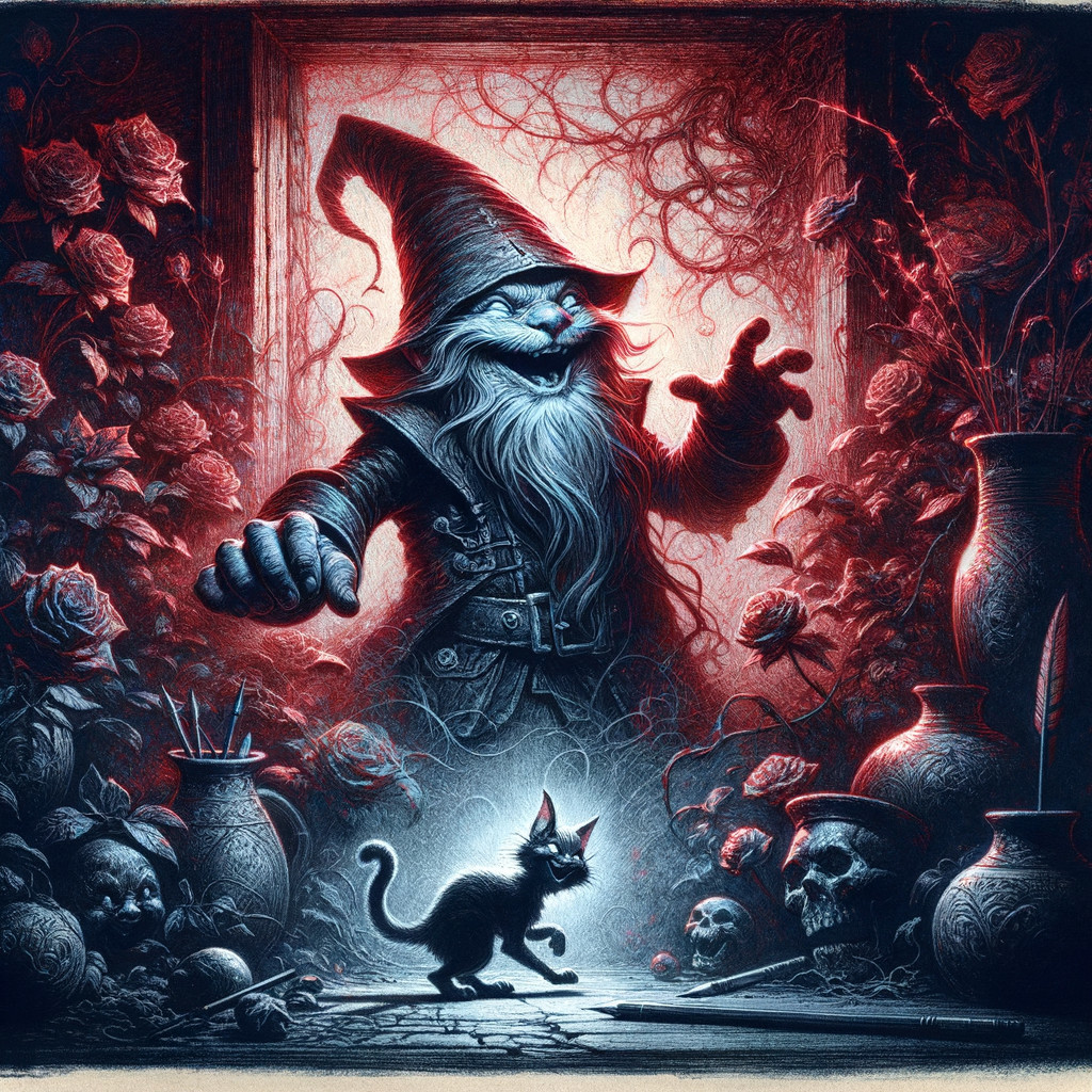Whimsical Wizard in Shadowy Room with Black Cat