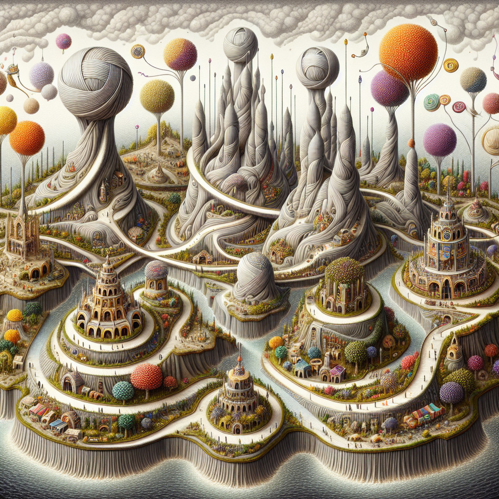 Surreal Landscape with Spiraled Mountains and Balloons
