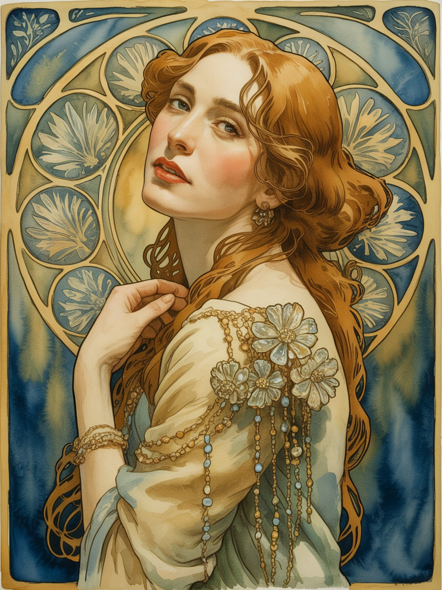 Enchanting woman with red hair in floral garment