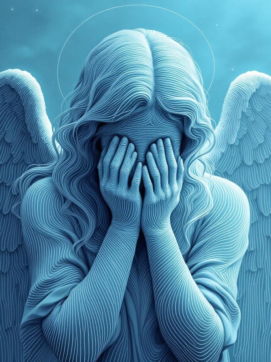 Serene angel in soft blue with elegant wings and halo