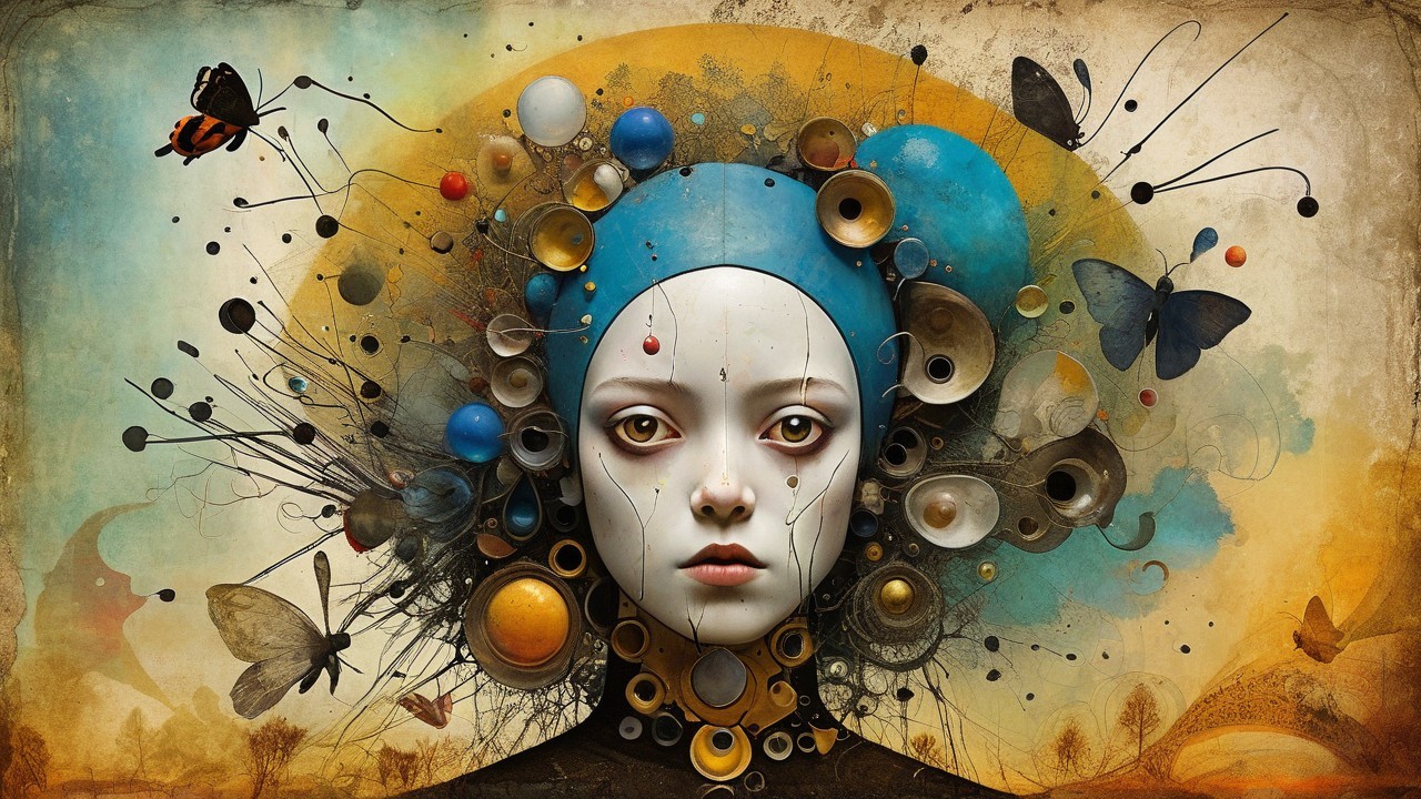 Surreal Female Figure with Ethereal Headdress and Butterflies