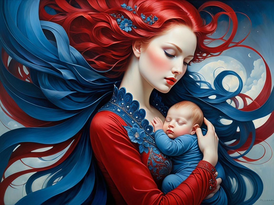 Woman with Red Hair Holding Sleeping Baby in Clouds