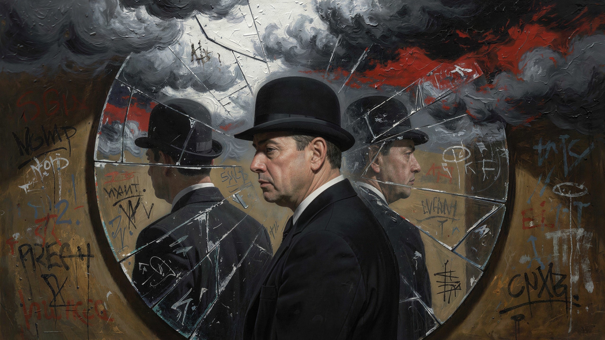 Man in Suit Before Shattered Mirror and Graffiti Walls