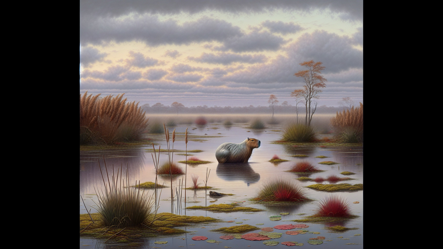 Tranquil Wetland Landscape at Dusk with Capybara