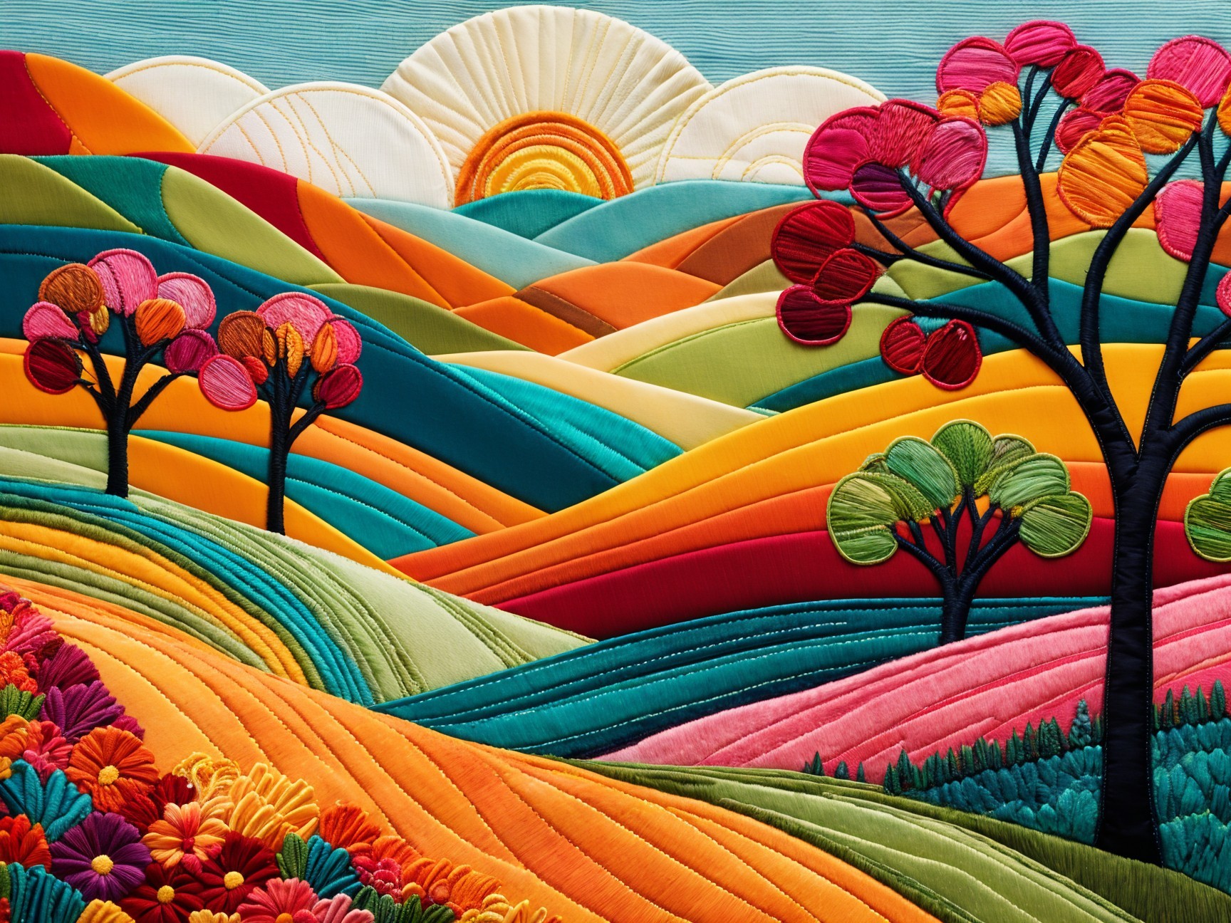 Vibrant Landscape with Colorful Hills and Trees