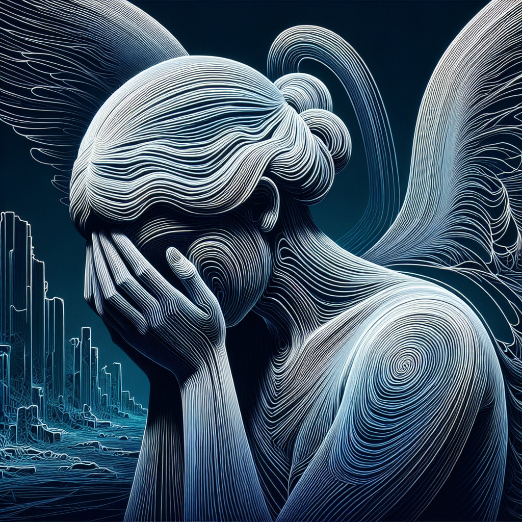 Stylized Angel Figure in Abstract Cityscape Setting