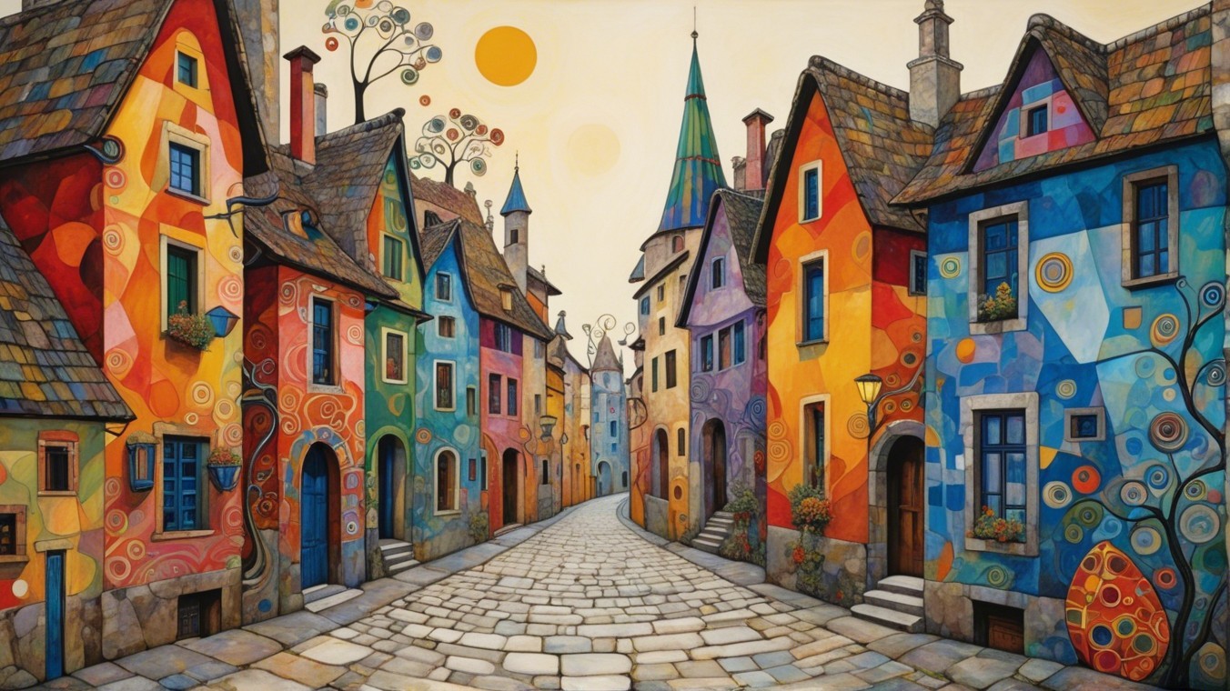 Whimsical Street Scene with Colorful Houses and Sunlight