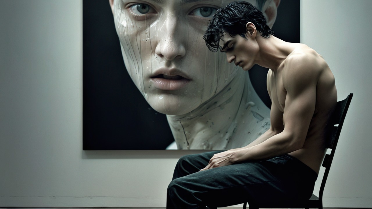 Young Man in Contemplation with Artistic Portrait Behind