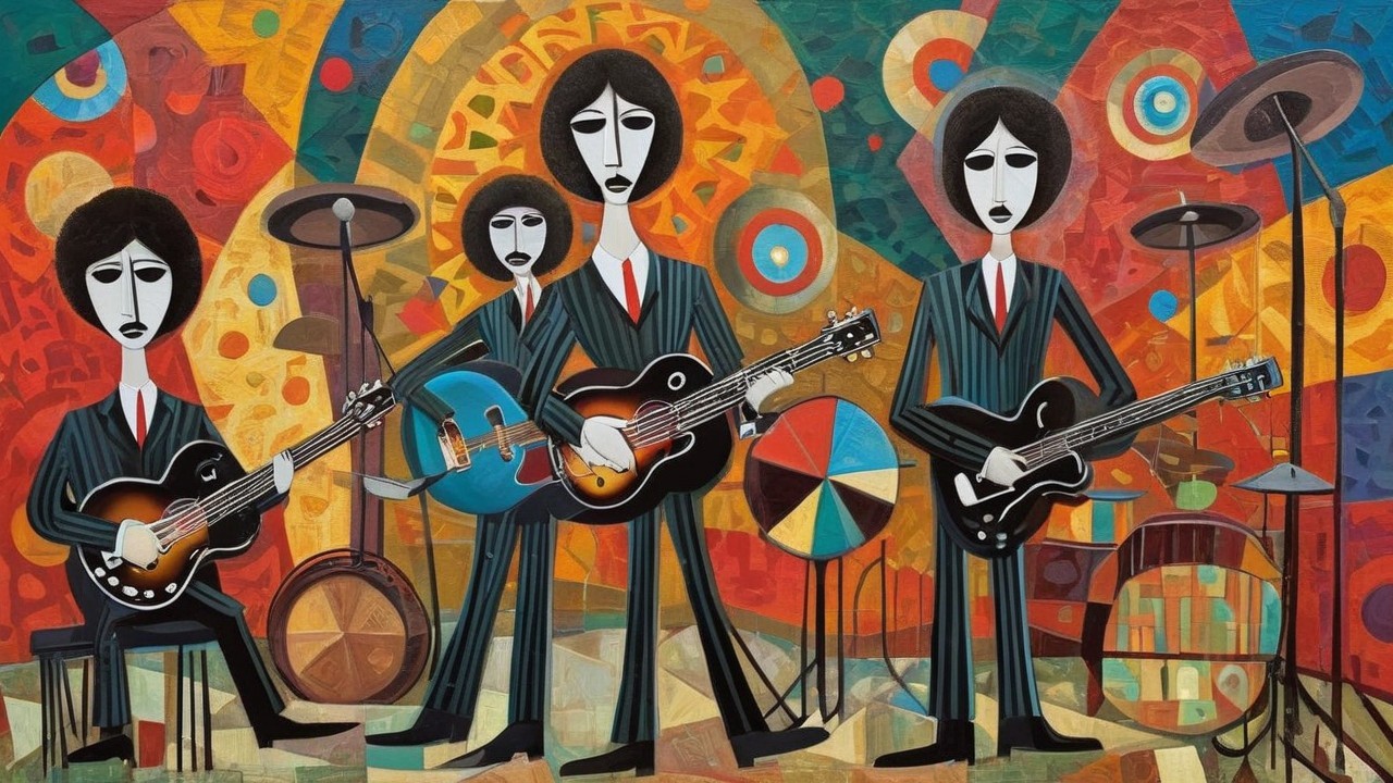 Stylized Illustration of a Four-Member Band in Suits