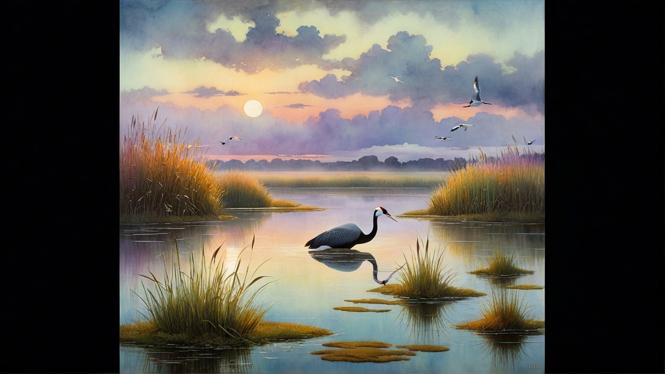 Twilight Landscape with Crane and Reflective Water