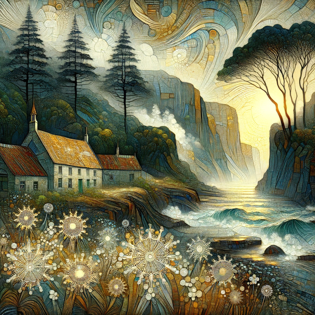 Tranquil Cottage Landscape by Rocky Coastline at Sunset