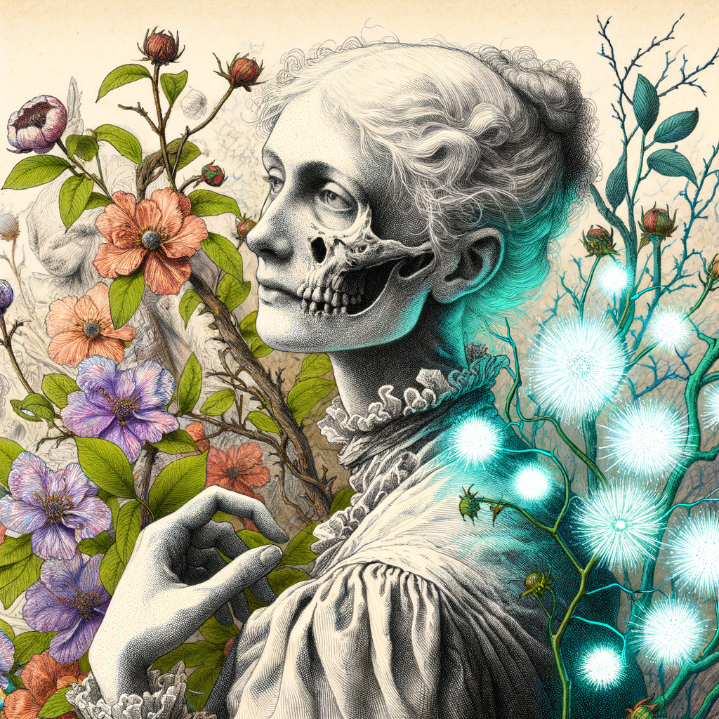 Intricate Illustration of Woman with Half-Skull Face