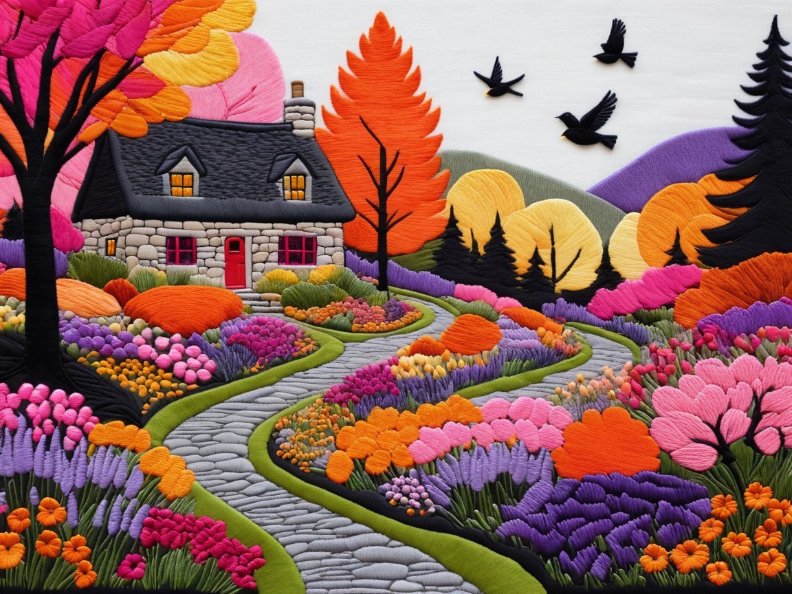 Embroidered Scene of a Charming Stone Cottage