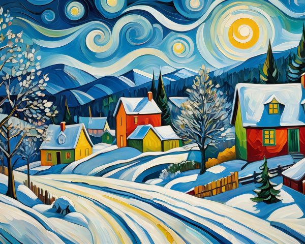 Winter Wonderland Painting with Colorful Houses and Snow