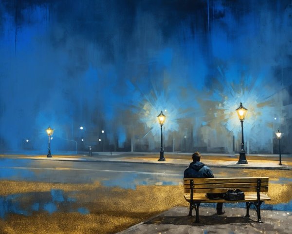 Lone Figure Seated on Bench in Urban Landscape Painting