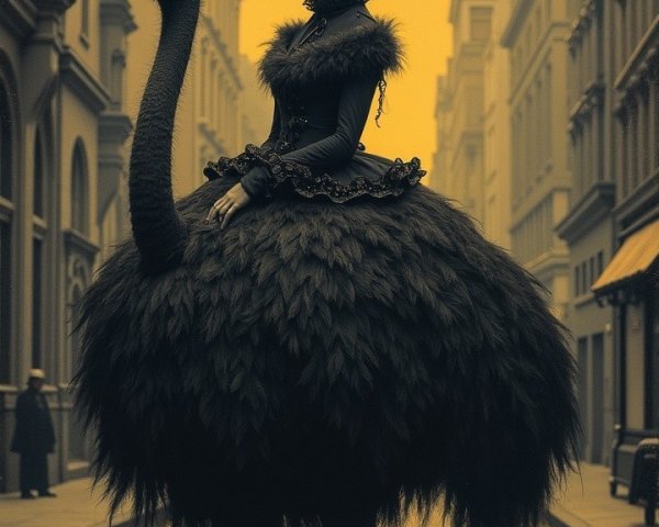 Surreal Fashion Figure in Dramatic Ostrich Dress