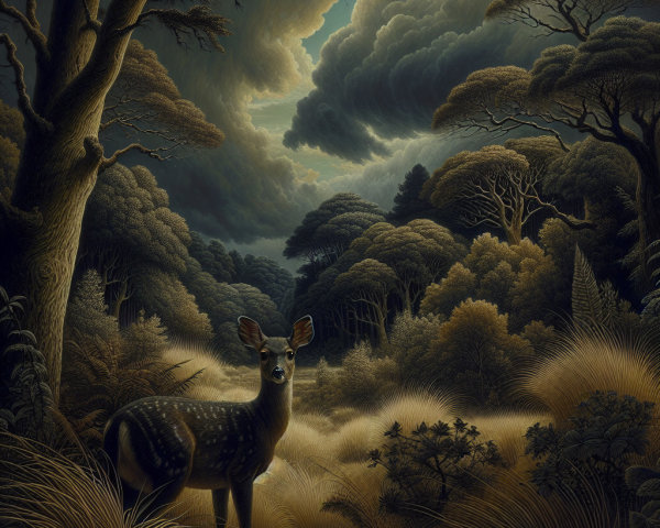 Serene Forest Scene with Deer Under Dramatic Sky