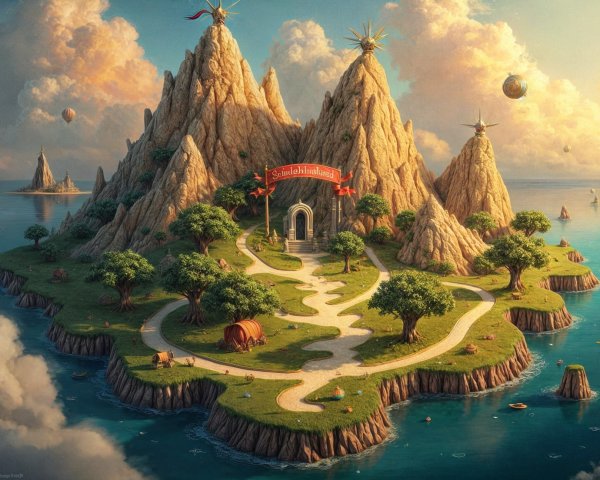 Fantastical Island Landscape with Mountains and Balloons