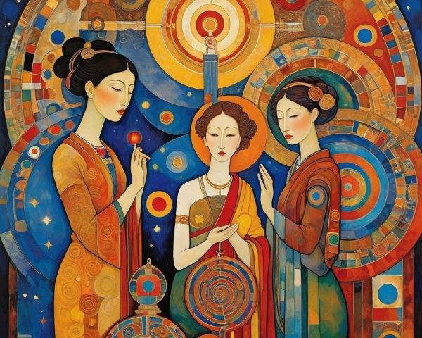 Elegantly Dressed Women Amidst Vibrant Patterns