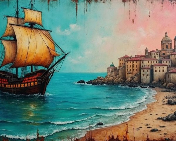 Vibrant Seascape with Sailing Ship and Coastal Town