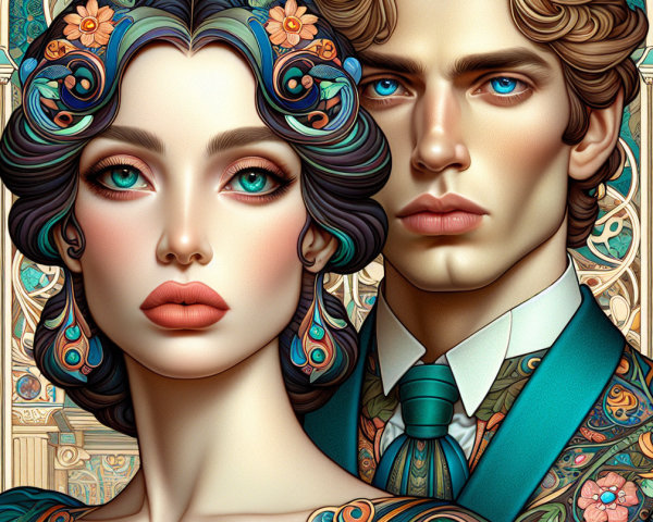 Portrait of a couple in vibrant, detailed garments