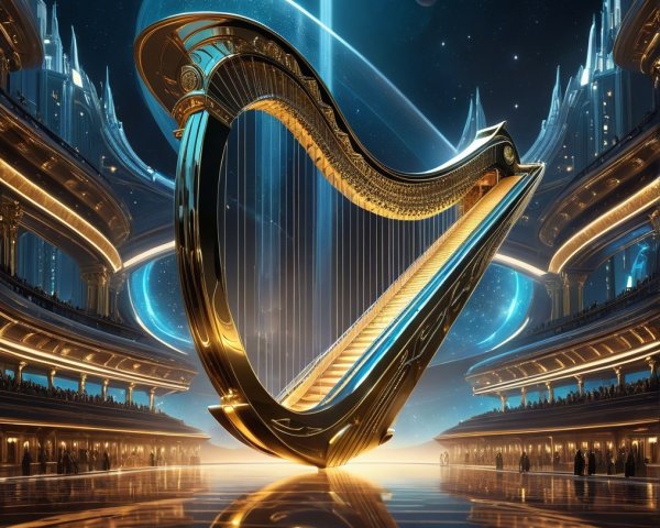 Golden harp in a futuristic celestial setting