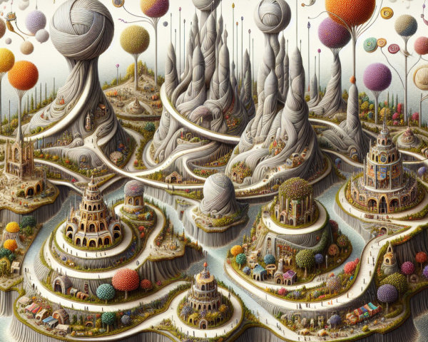 Surreal Landscape with Spiraled Mountains and Balloons