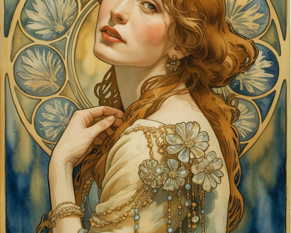 Enchanting woman with red hair in floral garment