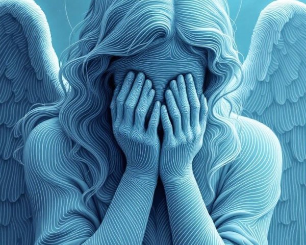 Serene angel in soft blue with elegant wings and halo