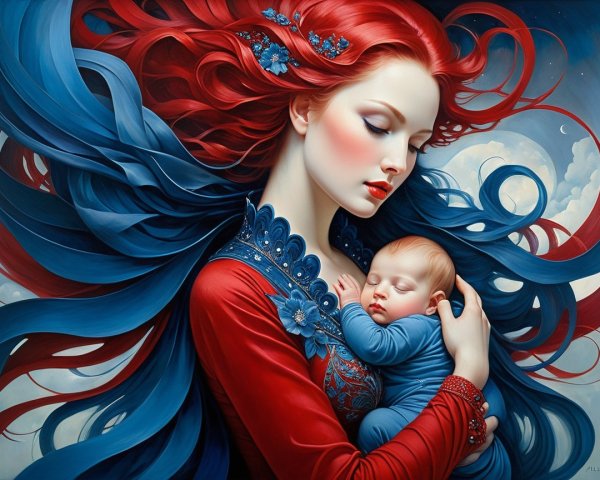 Woman with Red Hair Holding Sleeping Baby in Clouds
