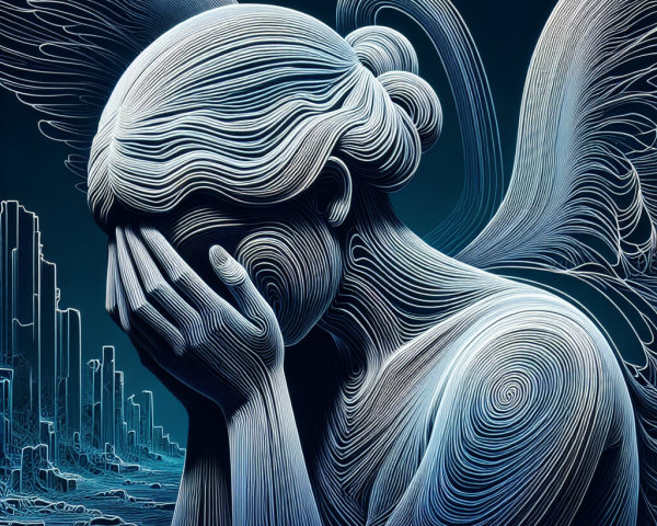 Stylized Angel Figure in Abstract Cityscape Setting