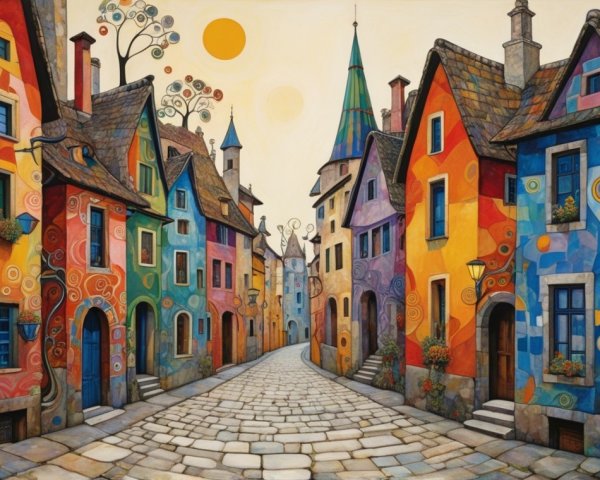 Whimsical Street Scene with Colorful Houses and Sunlight