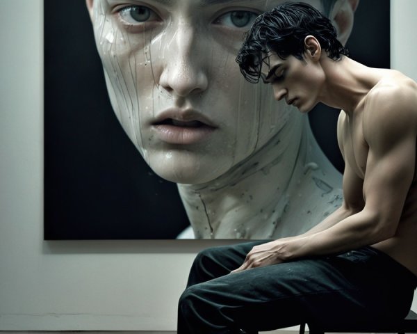 Young Man in Contemplation with Artistic Portrait Behind