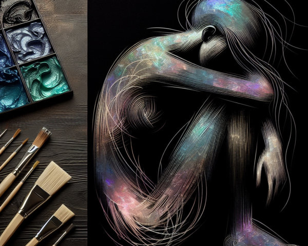 Seated Figure in Cosmic Swirls and Art Supplies