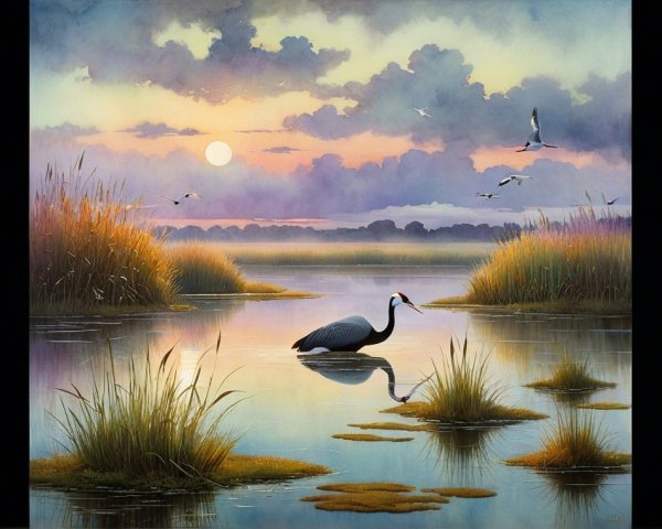 Twilight Landscape with Crane and Reflective Water