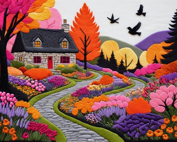 Embroidered Scene of a Charming Stone Cottage