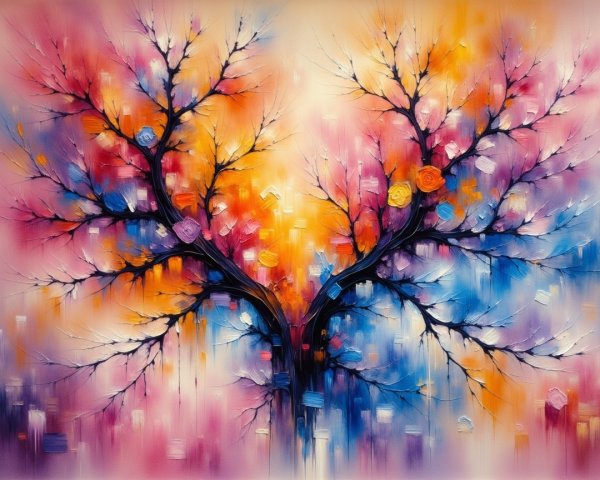 Abstract Painting of Intertwining Trees and Blossoms