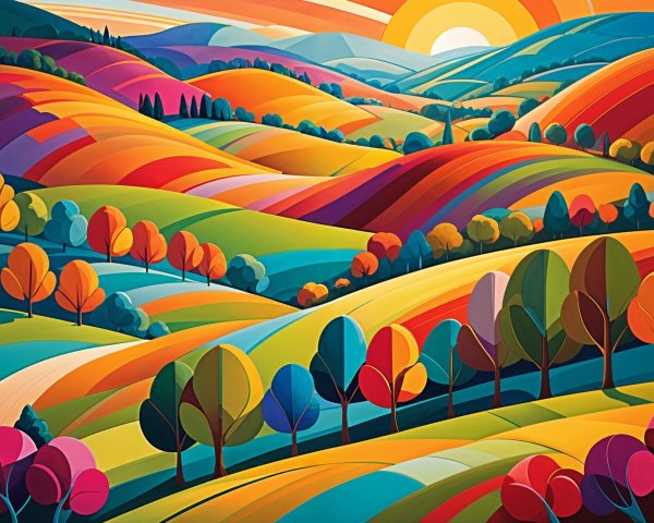 Vibrant Landscape with Colorful Hills and Trees
