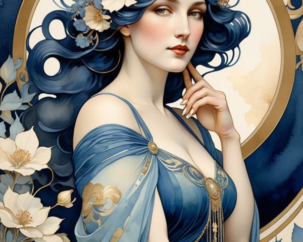 Elegant Woman in Blue Garments with Floral Accents