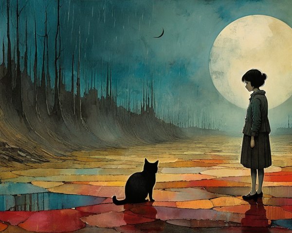 Young Girl and Cat on Colorful Pathway Under Moon