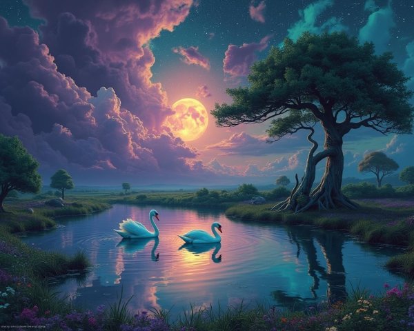 Serene Landscape with Swans on a Tranquil Pond