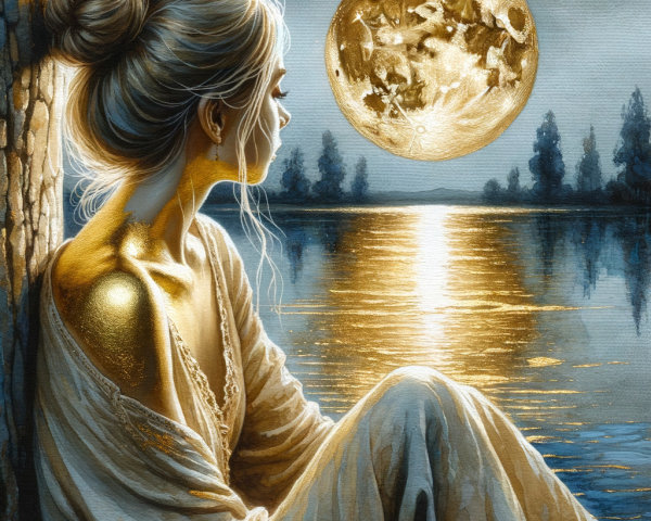 Serene Woman by Tranquil Lake Under Full Moon