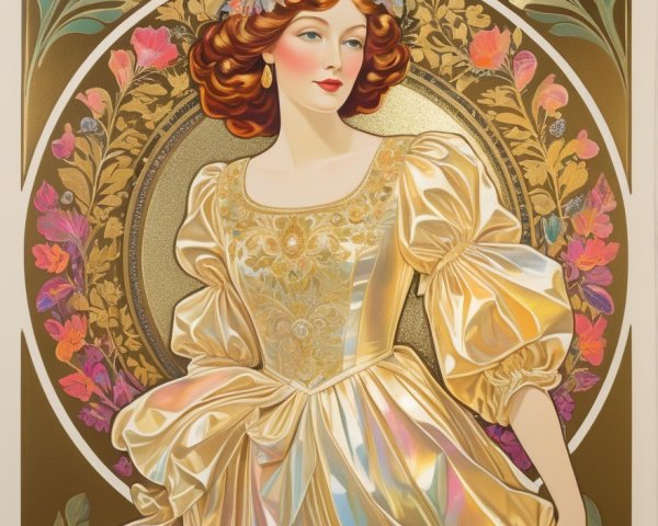 Regal figure in golden gown with floral designs