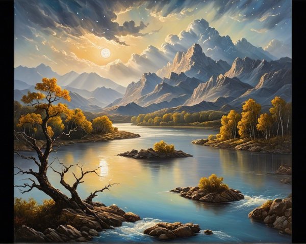 Serene Landscape with Mountains and Twilight Sky