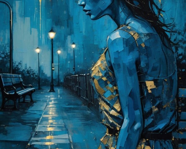 Oil Painting of a Woman in Deep Blue and Gold Tones