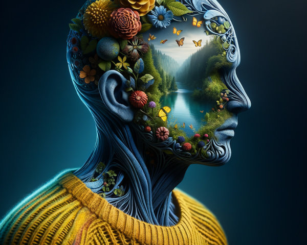 Abstract Male Head with Floral Elements and Landscape